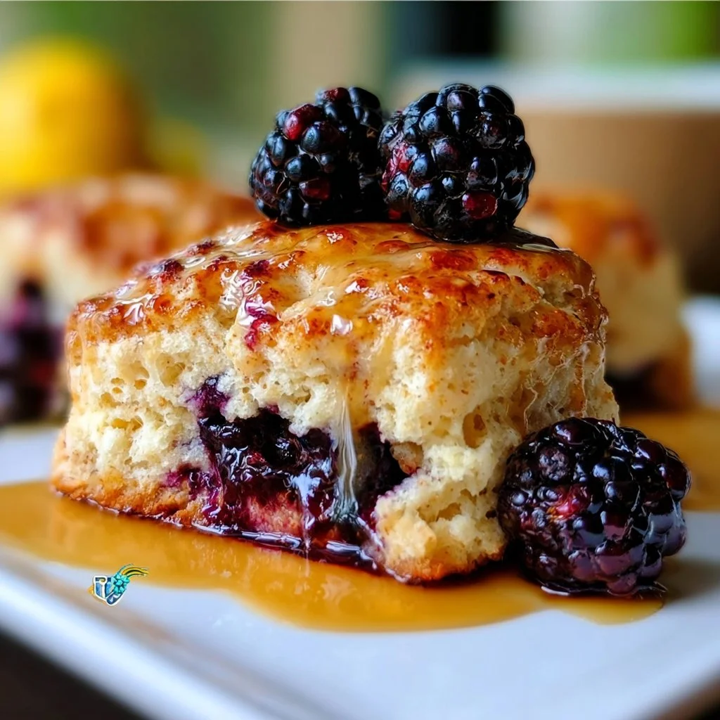 Freshly baked blackberry buttermilk biscuits on a wooden table.