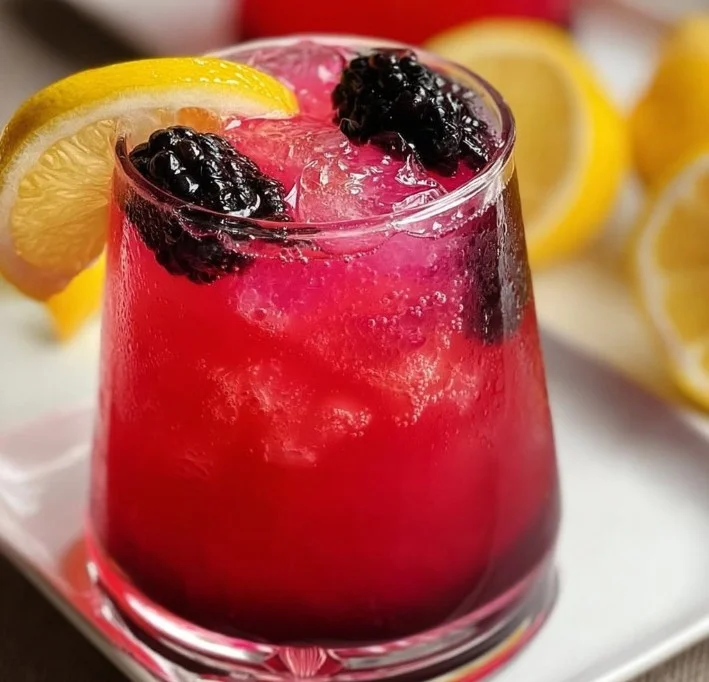 A refreshing glass of Blackberry Lemonade with blackberries and lemon slices.