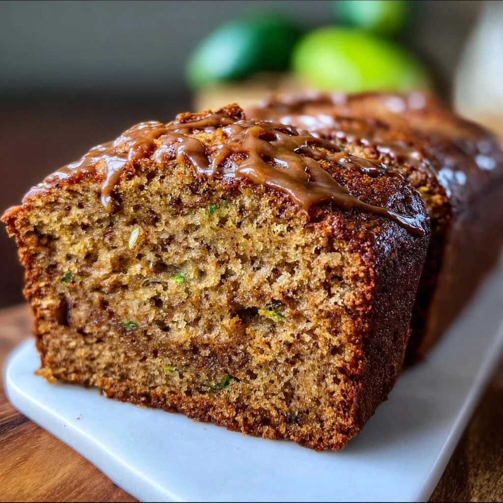 Sliced brown butter zucchini bread served on a plate