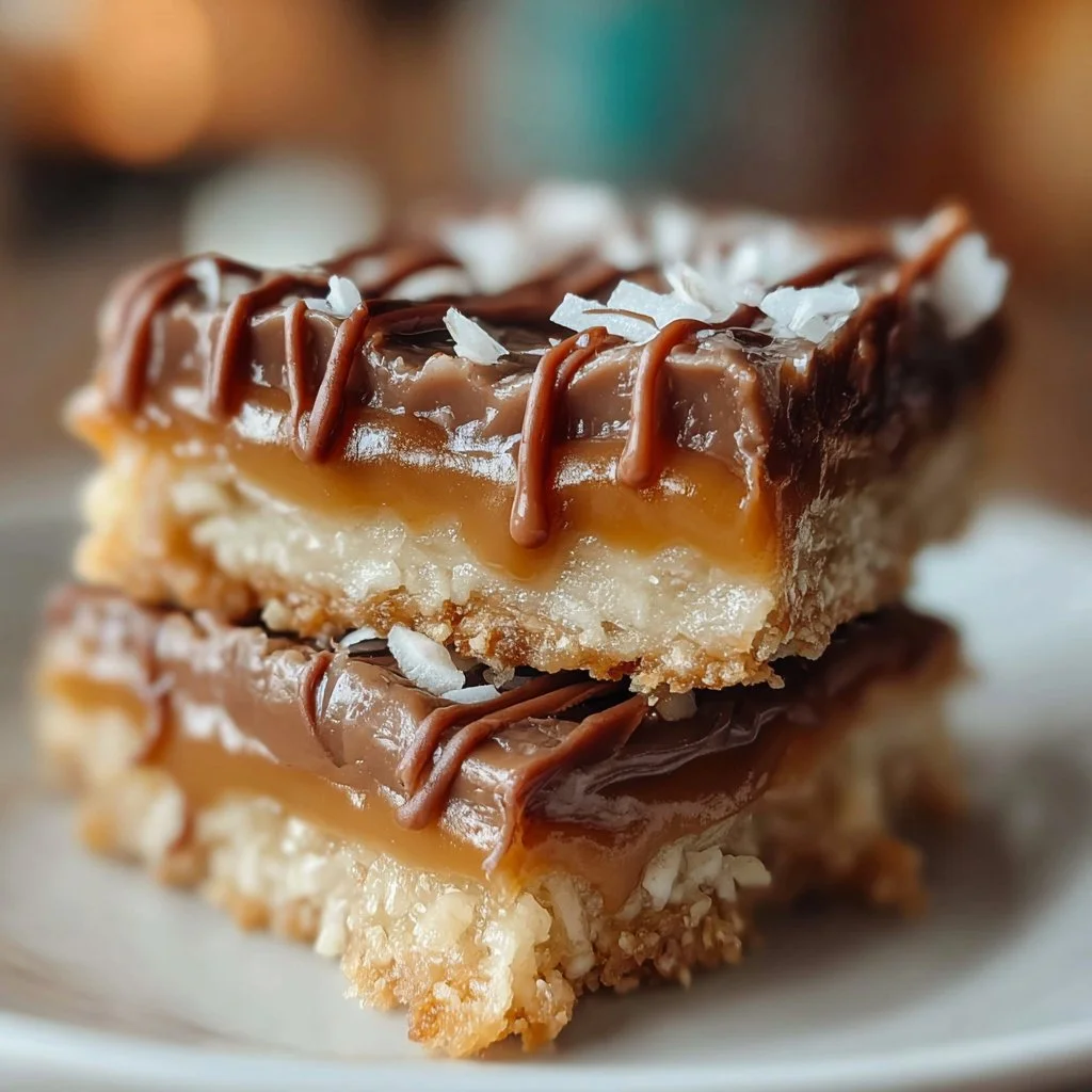 Delicious Caramel Coconut Bars topped with rich caramel and toasted coconut.