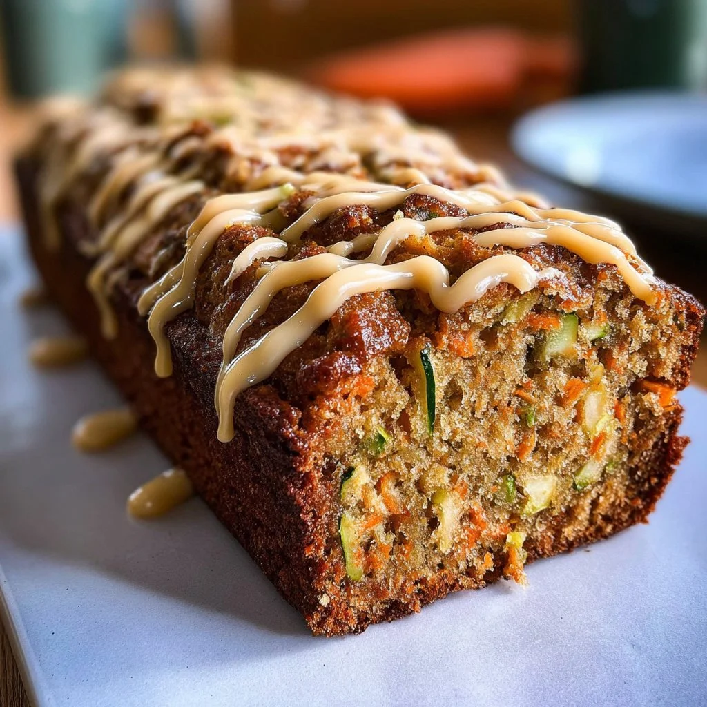 Slice of Carrot Apple Zucchini Bread on a plate with fresh ingredients