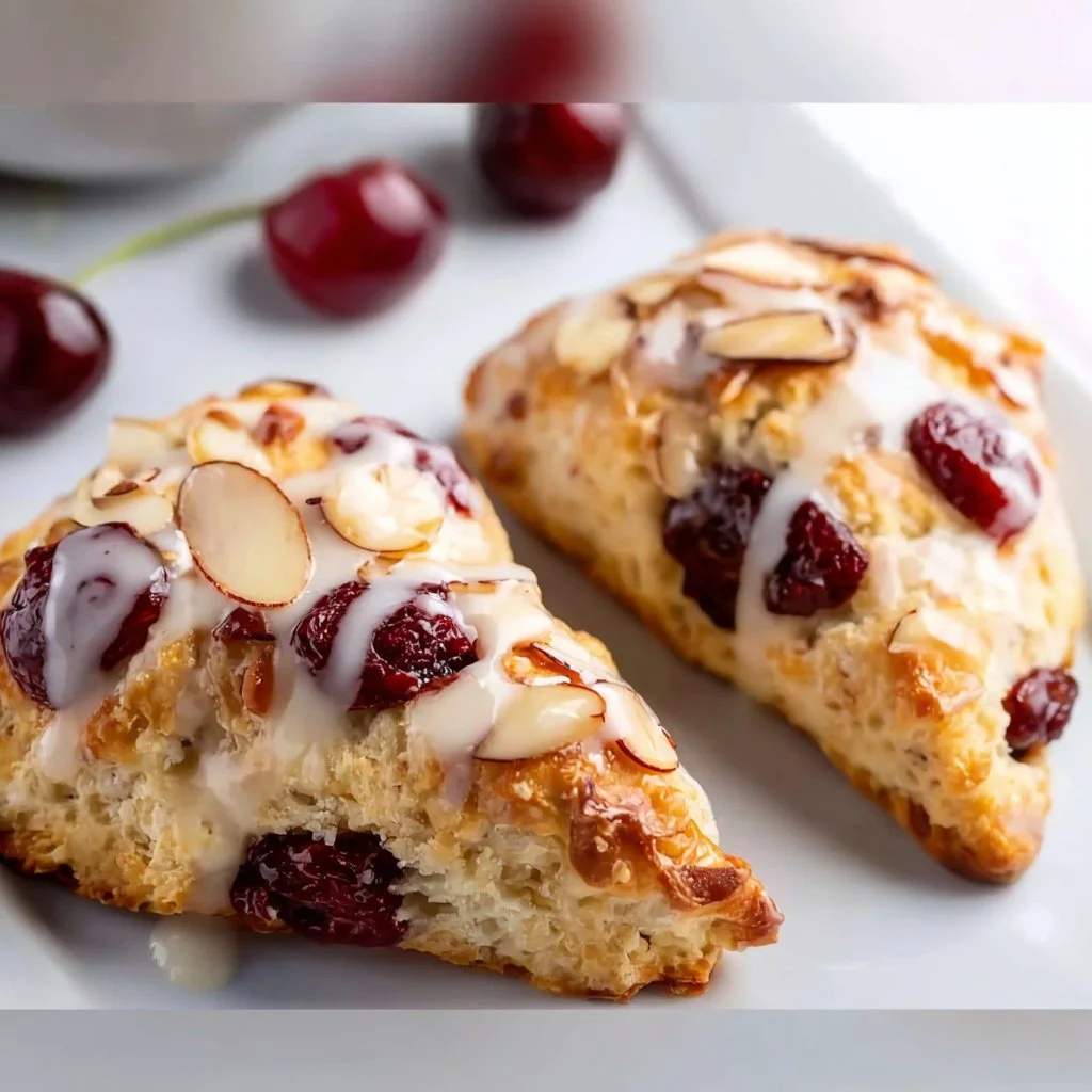 Freshly baked cherry almond scones on a wooden table