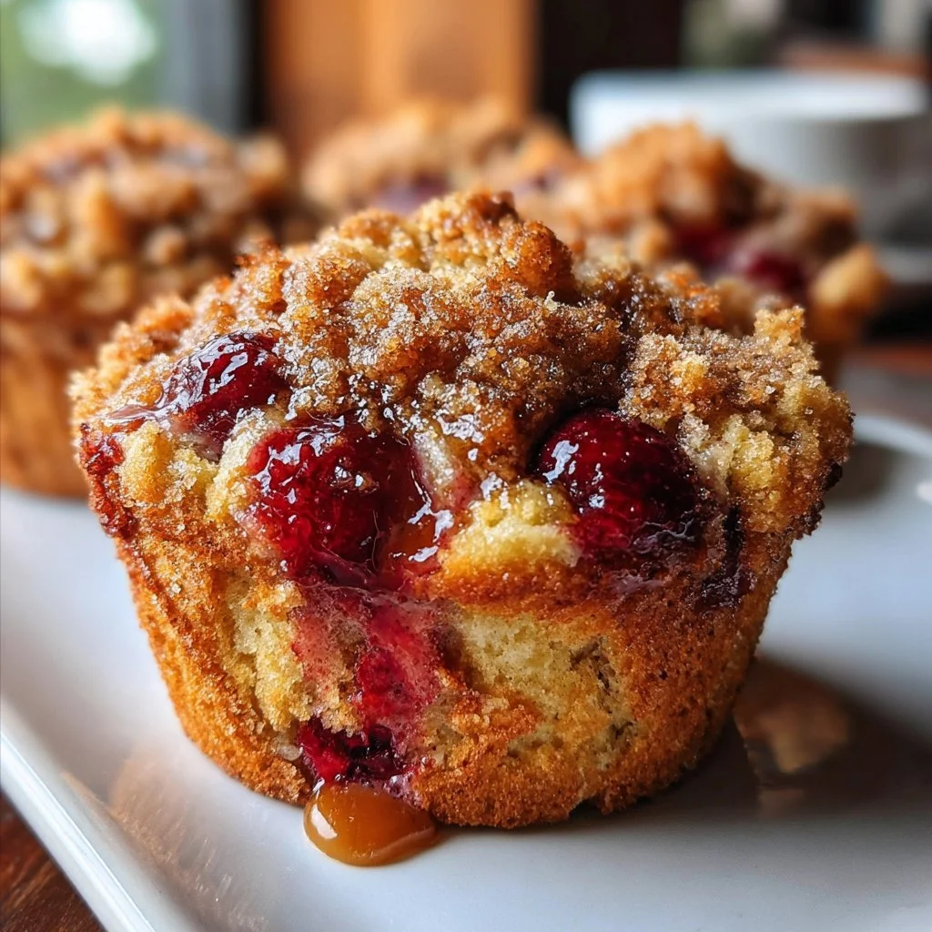 Freshly baked cherry cobbler muffins with juicy cherries on top