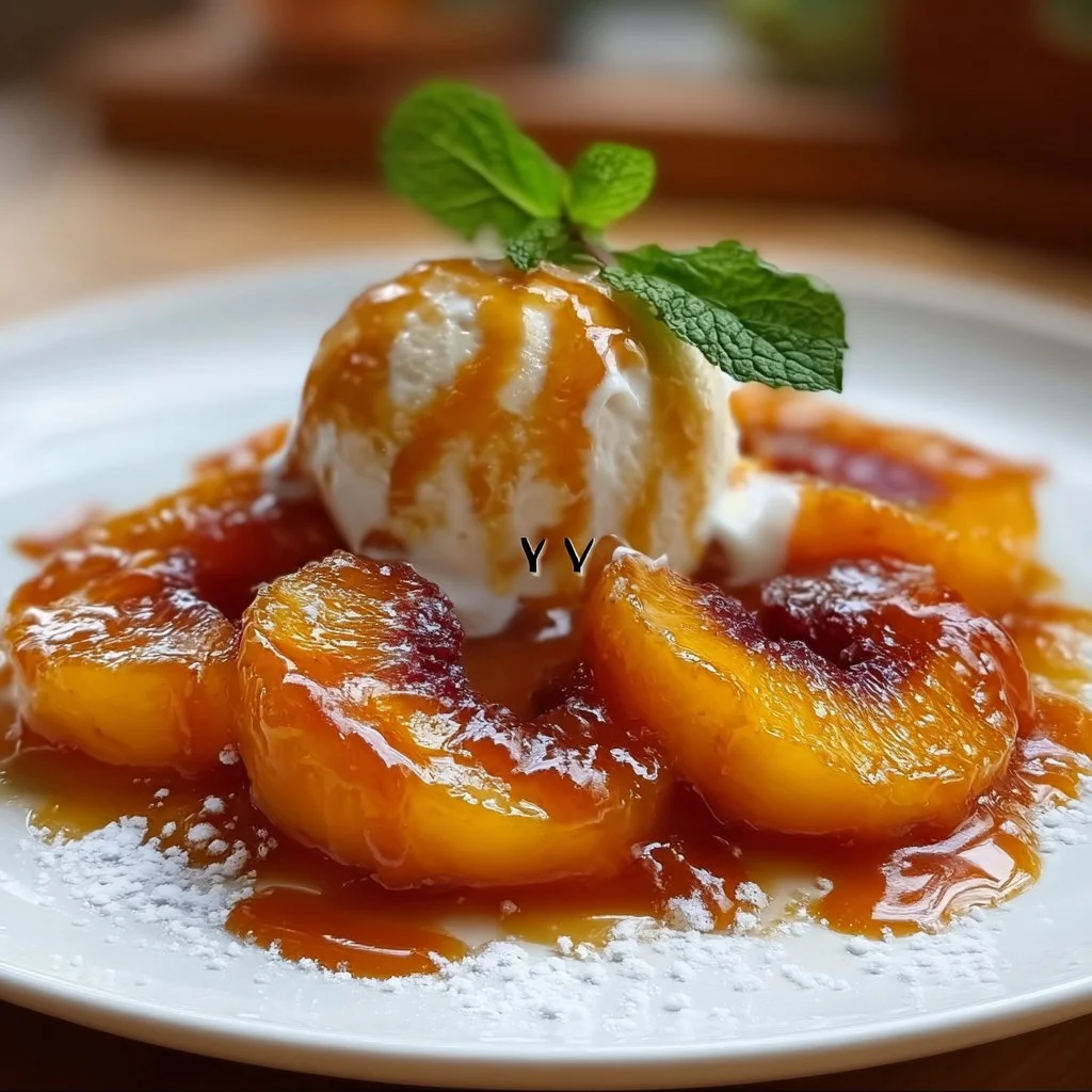 Delicious cozy sauteed peaches served with ice cream in a bowl.