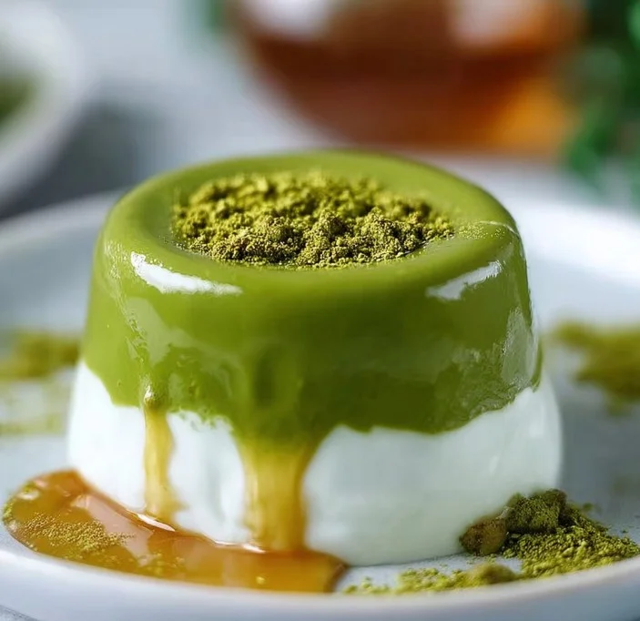 Bowl of creamy matcha pudding topped with green tea leaves.