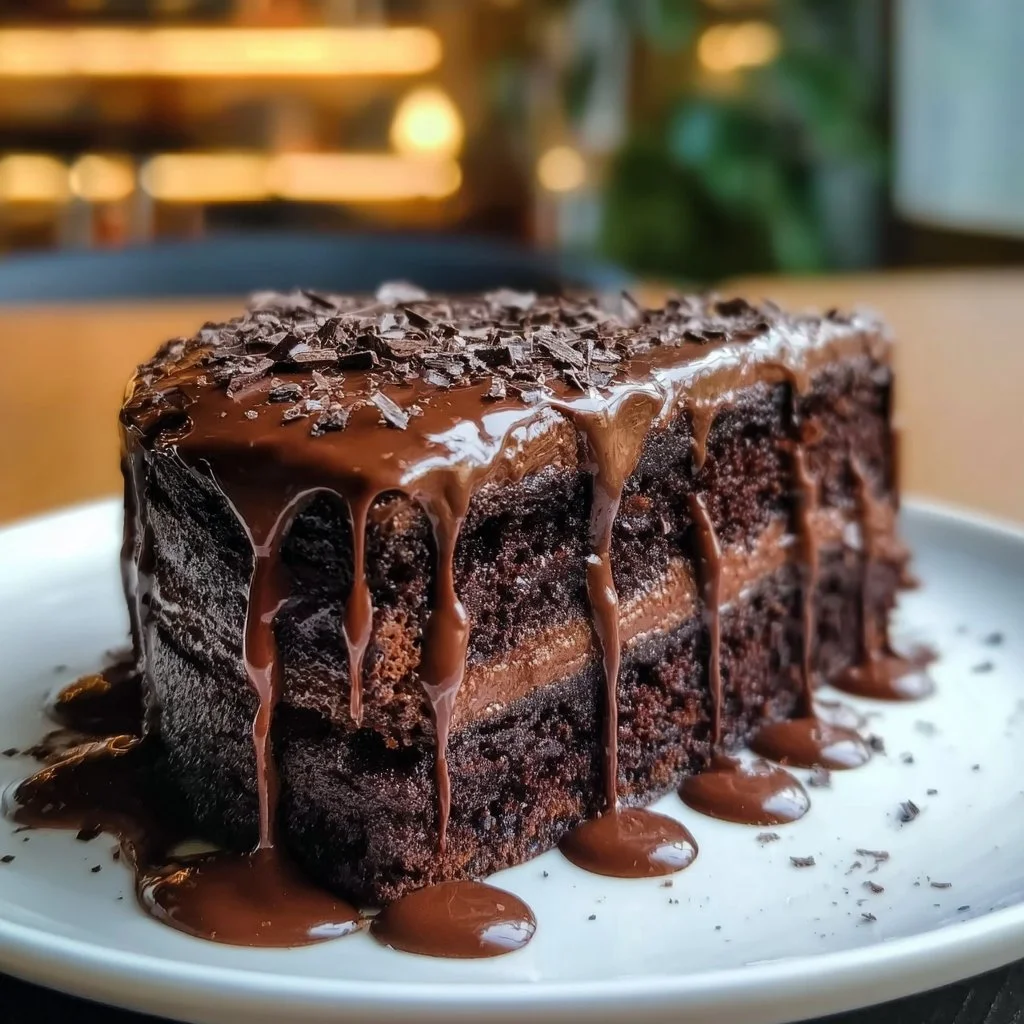 Delicious dark chocolate cake with rich frosting and decorative toppings