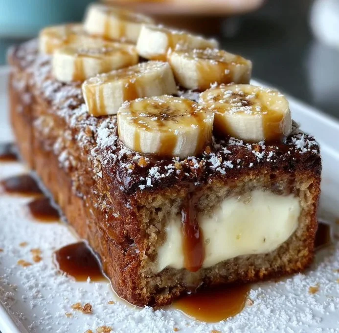 Decadent cheesecake banana bread slice topped with cream and banana slices