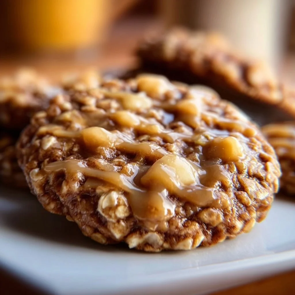 Delicious healthy apple pie oatmeal cookies on a wooden table