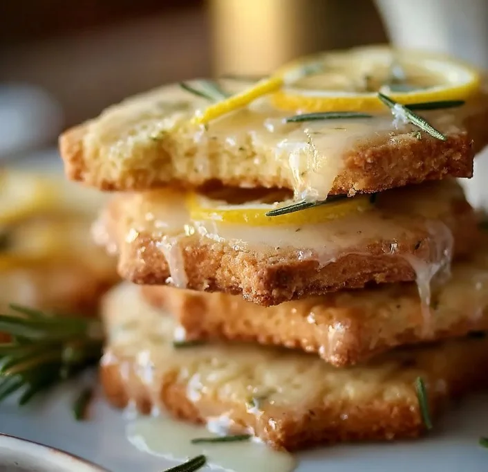 Plate of delicious lemon rosemary shortbread cookies garnished with rosemary sprigs.