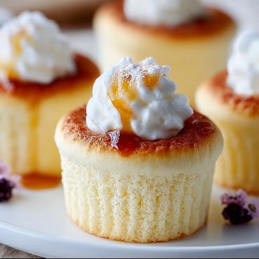 Fluffy Japanese Cotton Cheesecake Cupcakes topped with cream and fresh fruit