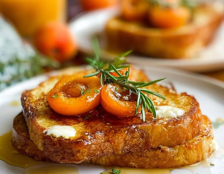 French toast with rosemary roasted apricots served on a plate