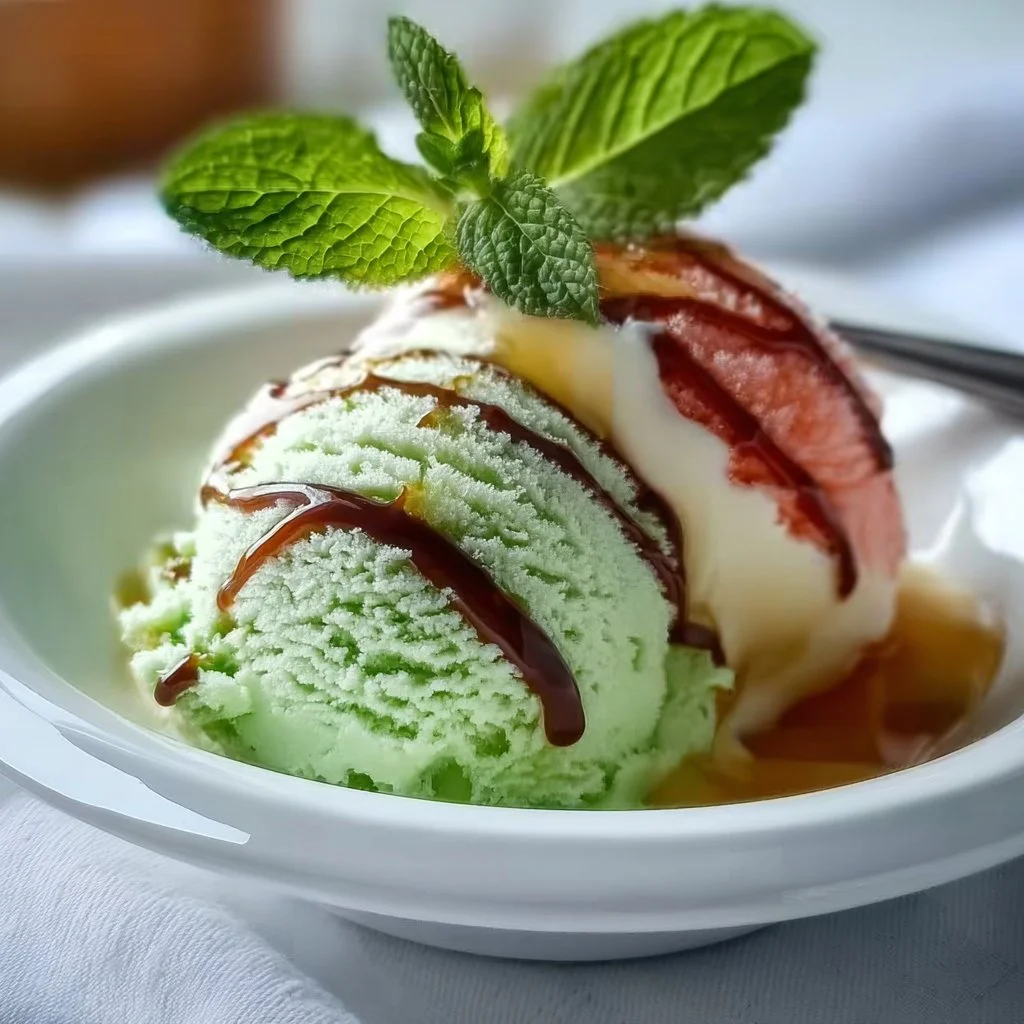 Homemade fresh mint ice cream served in a bowl with mint leaves