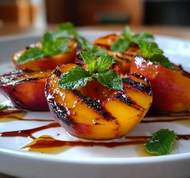Deliciously grilled peaches served on a plate, showcasing summer flavors.