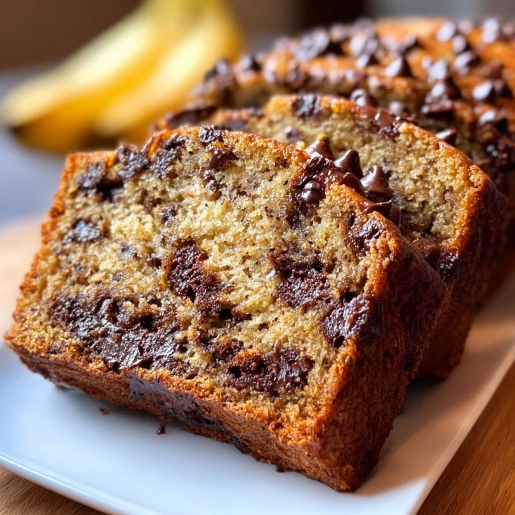 High protein chocolate chip banana bread with chocolate chips and bananas