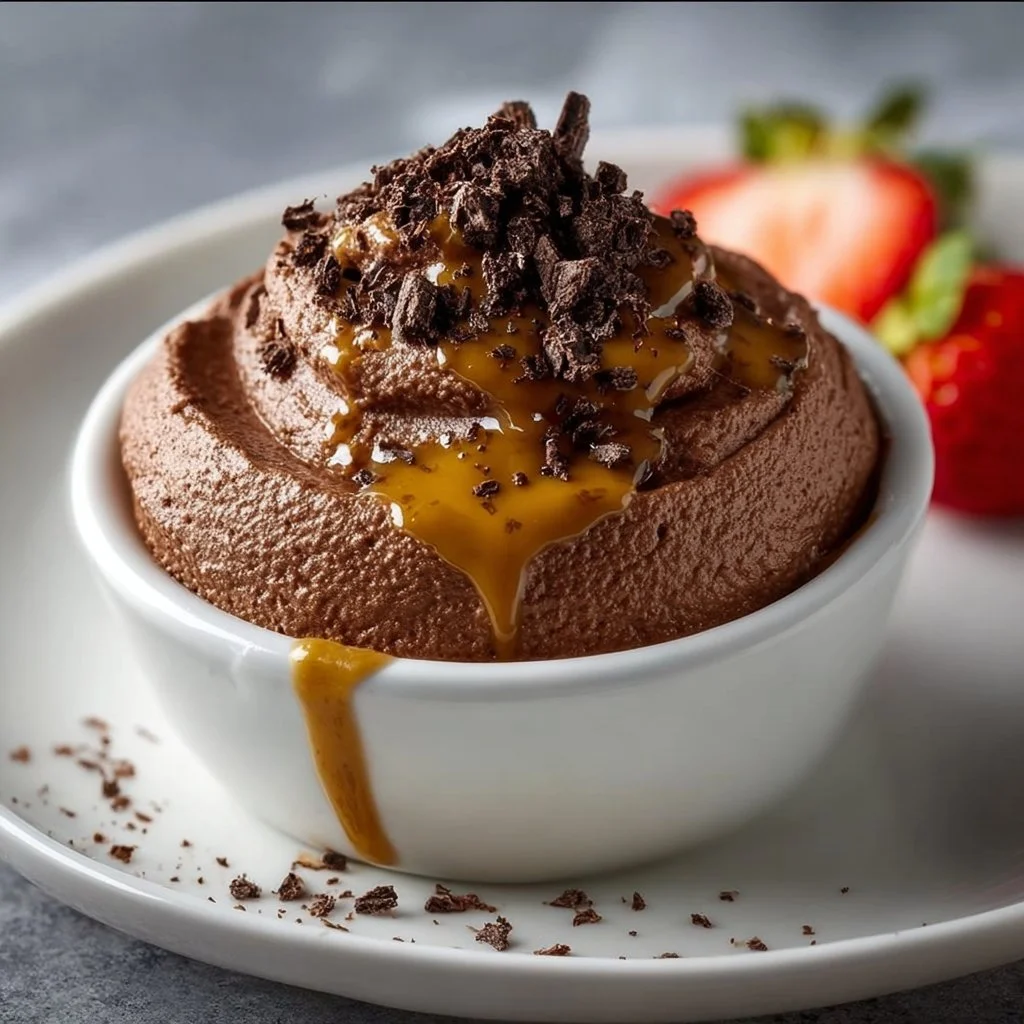 High protein cottage cheese chocolate mousse topped with berries