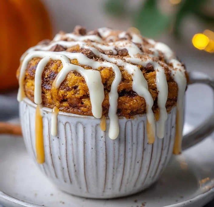 High protein pumpkin spice mug cake in a cozy mug