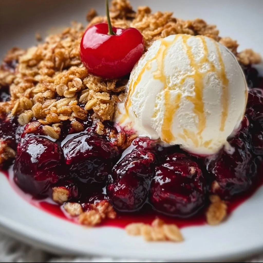 Delicious homemade cherry crisp with a golden oat topping served in a bowl