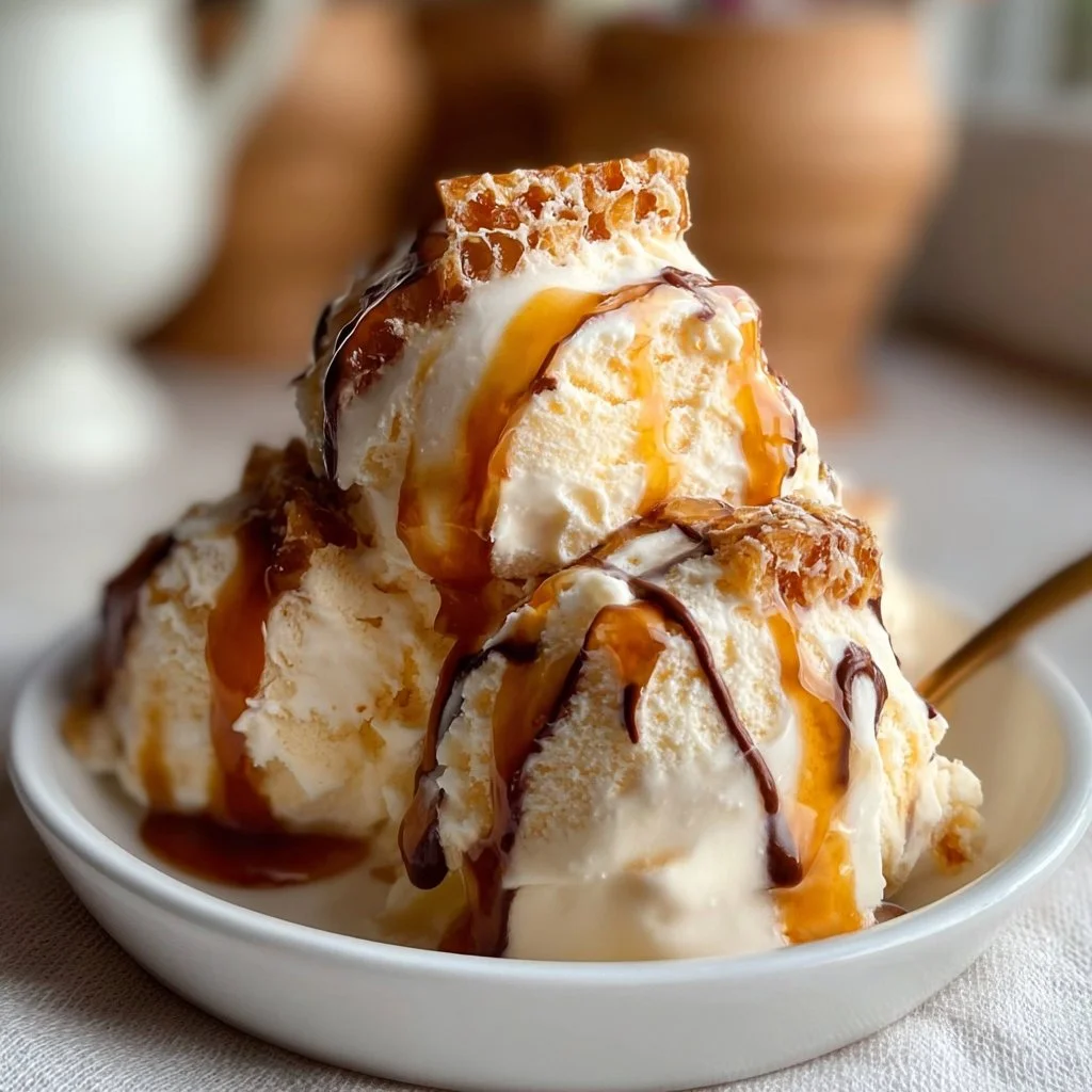 Delicious homemade honeycomb ice cream served in a bowl