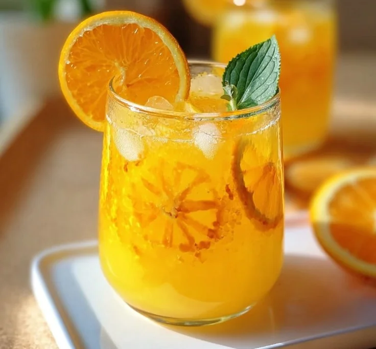 Delicious glass of homemade orangeade served with fresh orange slices.