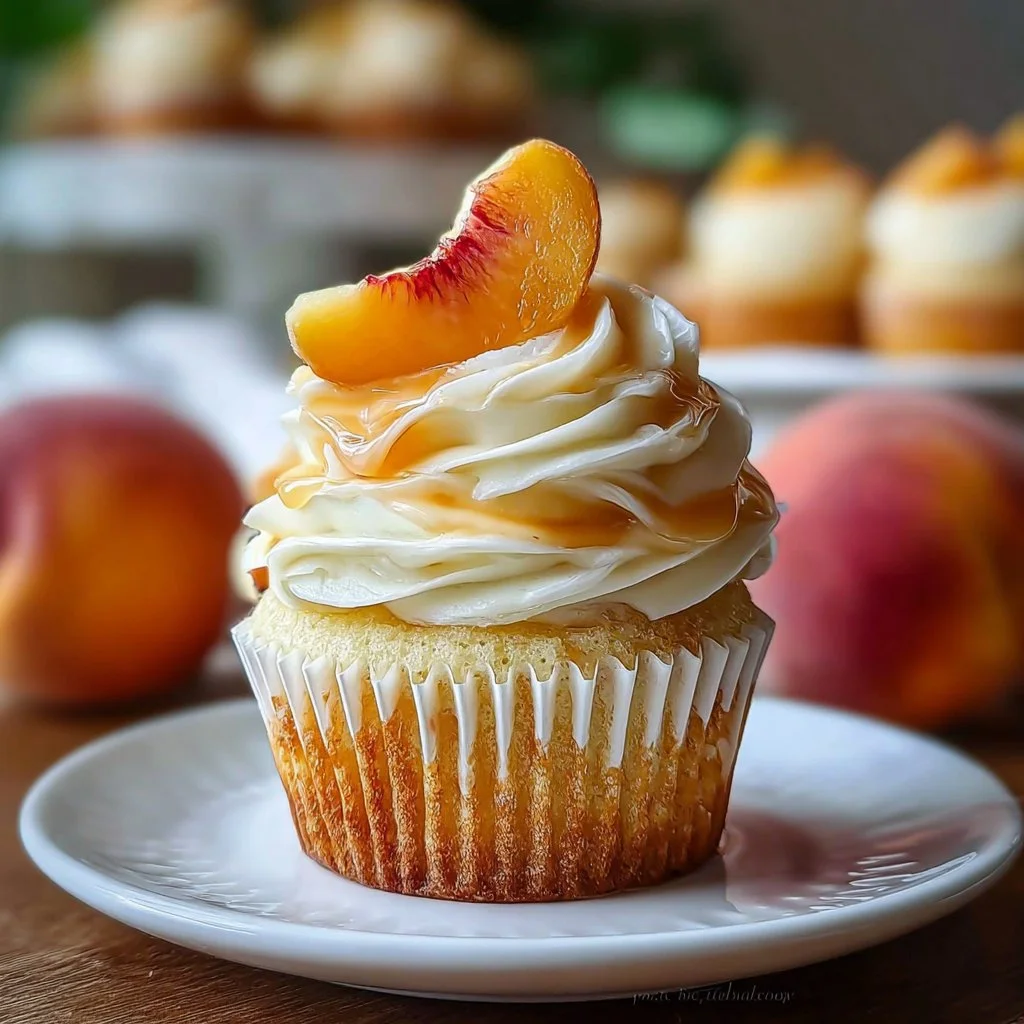 Delicious honey peach cream cheese cupcakes topped with fresh peach slices.