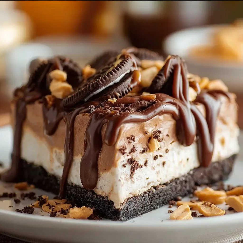 No bake chocolate peanut butter Oreo dessert with layers of creamy goodness