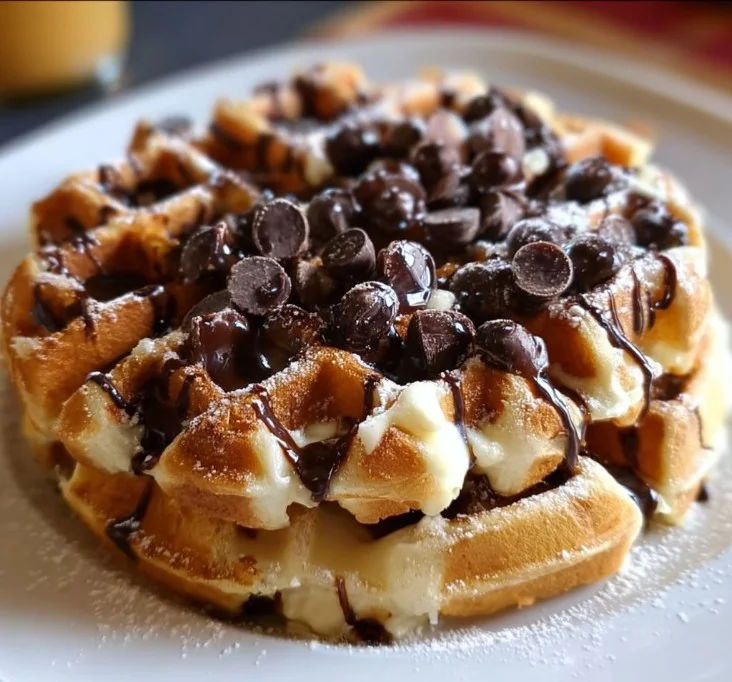 Plate of indulgent chocolate chip waffles topped with syrup and chocolate chips