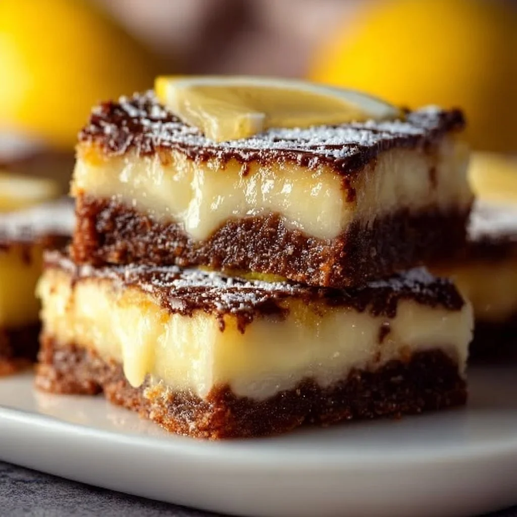 Indulgent lemon brownie bars topped with a lemon glaze