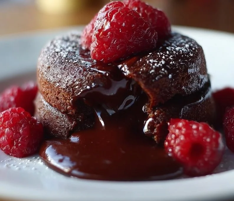 Indulgent molten chocolate cakes topped with raspberry sauce on a dessert plate.