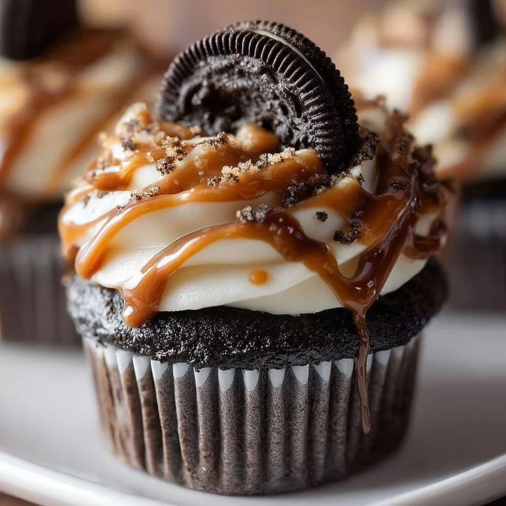 Deliciously indulgent Oreo cupcakes topped with creamy frosting and Oreo crumbles.