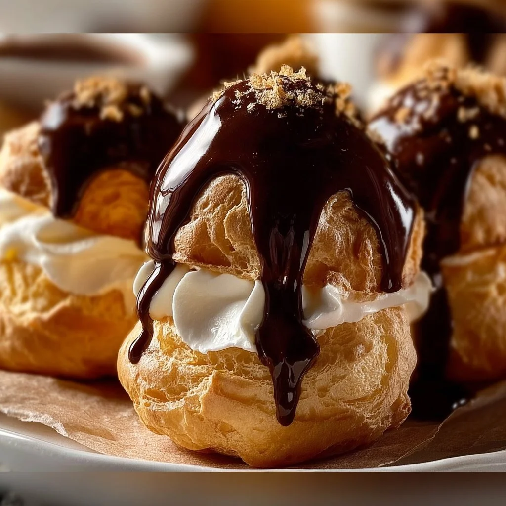 Plate of indulgent profiteroles topped with rich chocolate sauce