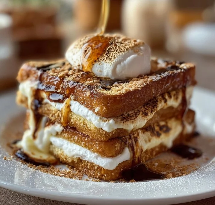 Delicious S’mores French Toast topped with chocolate and marshmallows