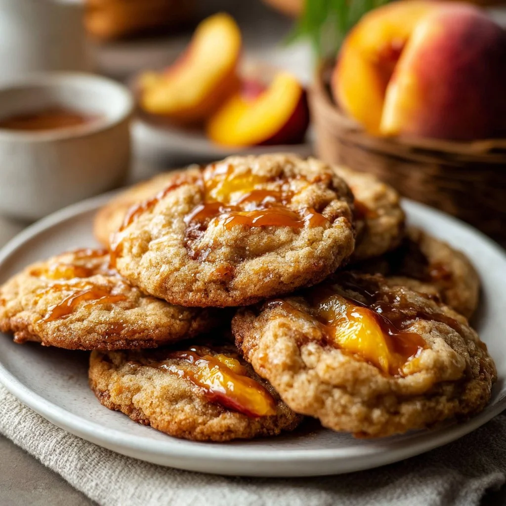 Delicious brown butter peach cookies with a golden hue and peach chunks