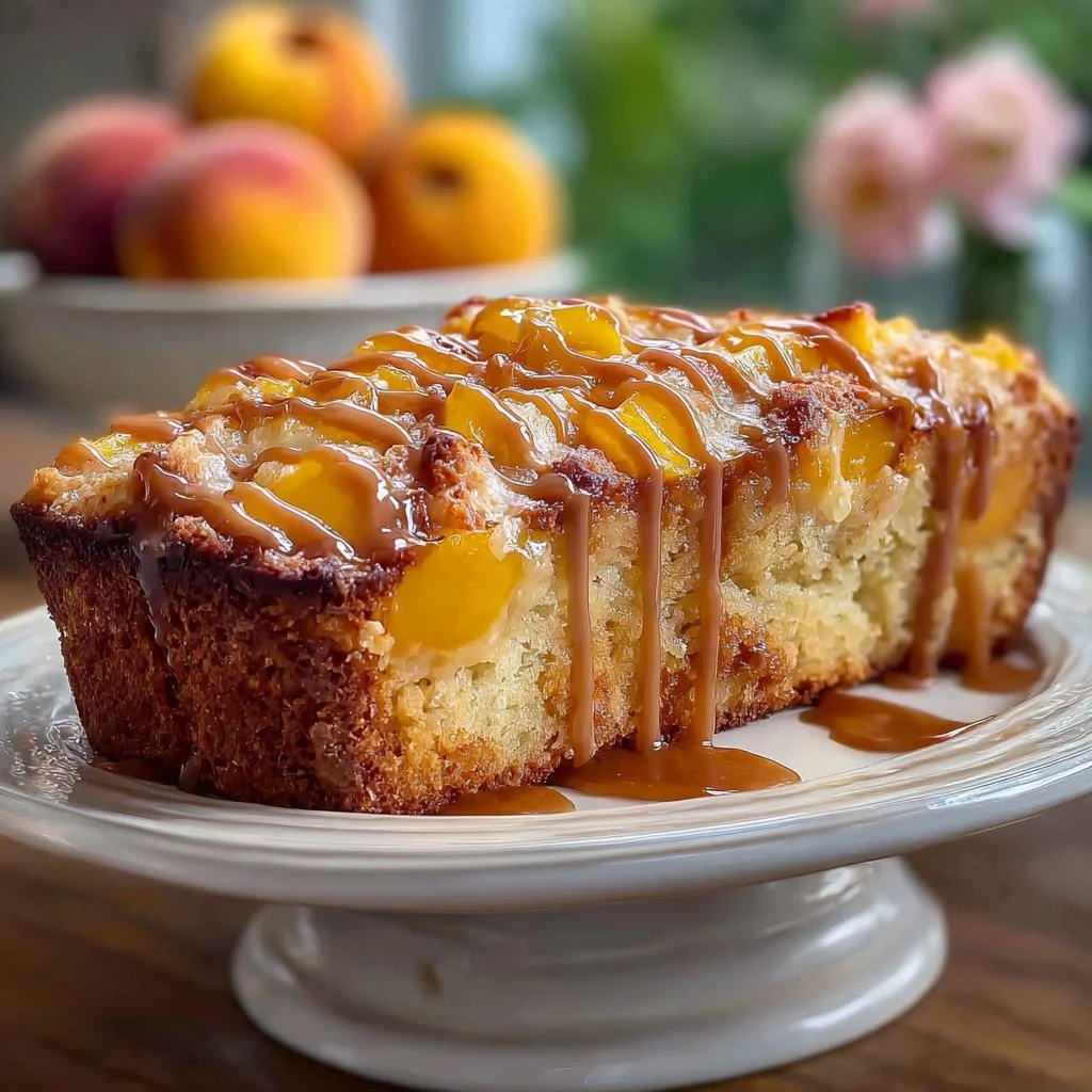 Sliced Peach Cobbler Bread on a wooden table, showcasing its sweet peach filling.