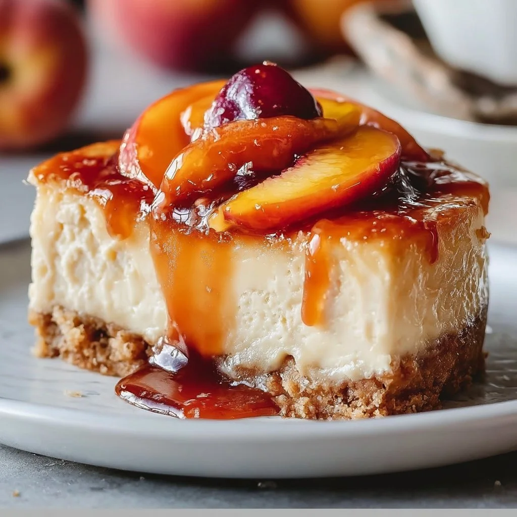 Delicious peach cobbler cheesecake topped with fresh peaches and a crumble topping