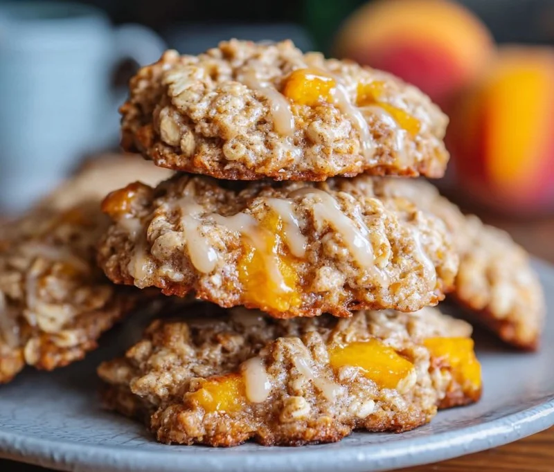 Plate of soft and chewy peach oatmeal cookies with fresh peaches nearby.