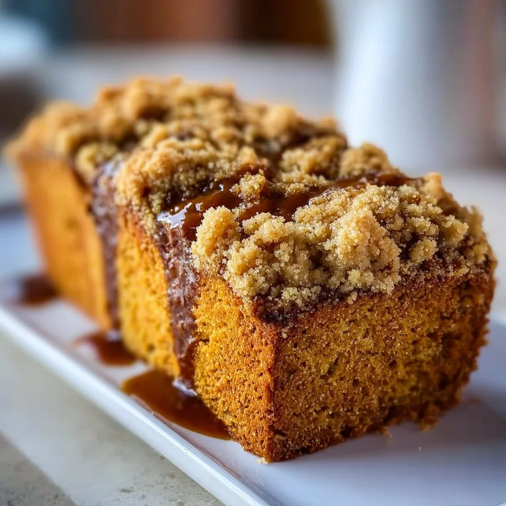 Delicious pumpkin bread with a crumb topping ready to be enjoyed.