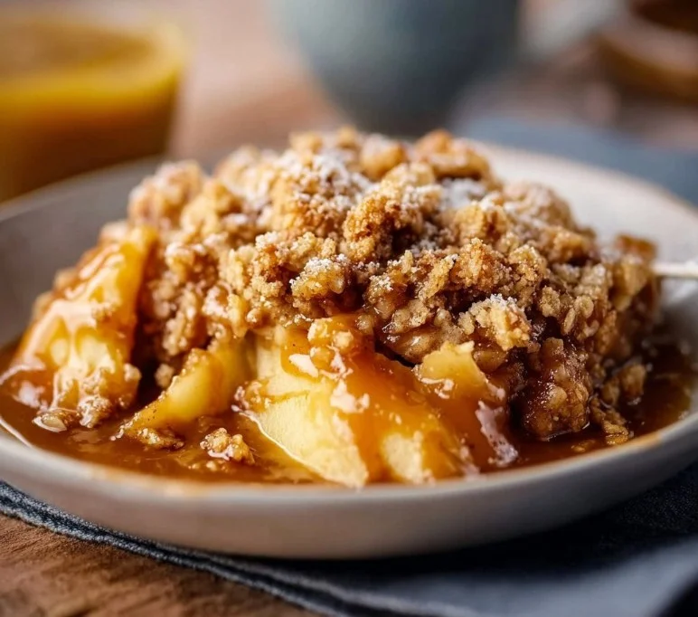 Delicious homemade apple crumble topped with a golden crust and served warm