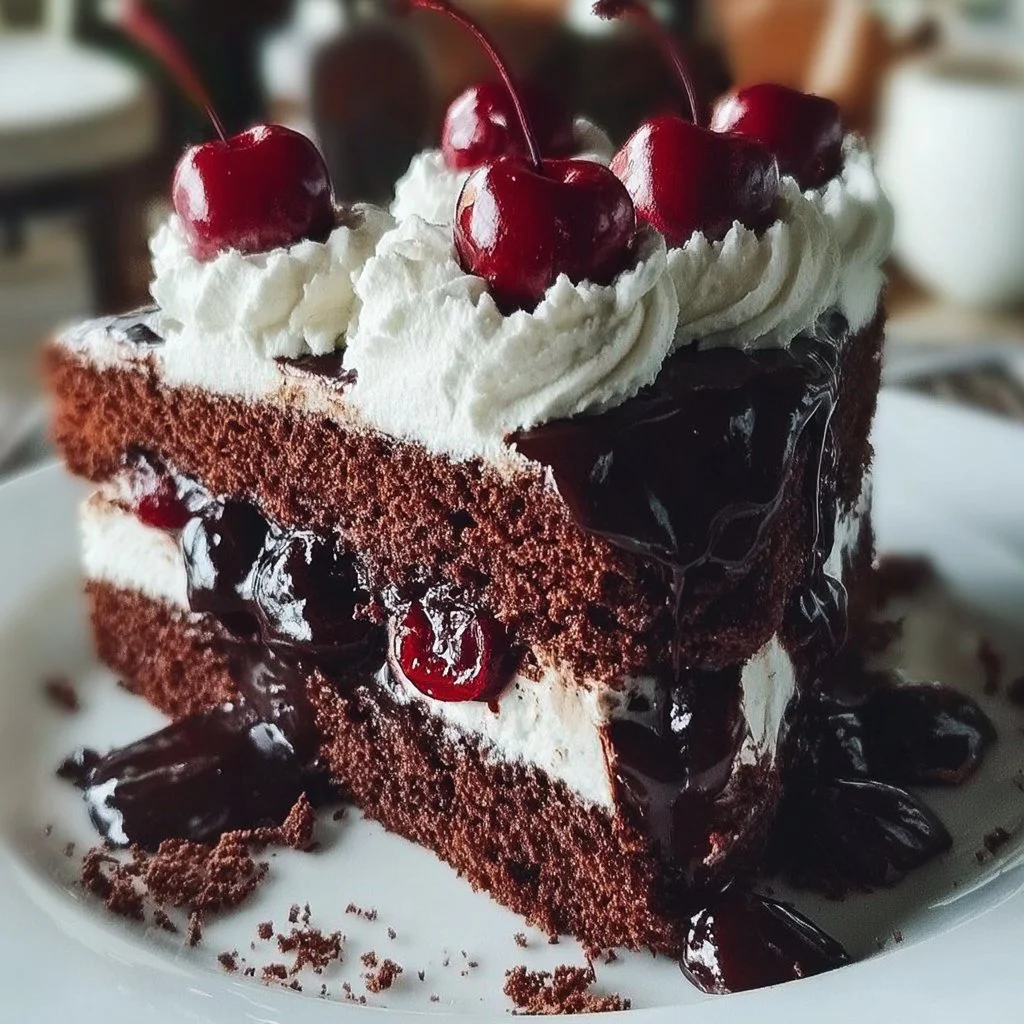 Deliciously rich German Black Forest Cake with cherries and cream layers