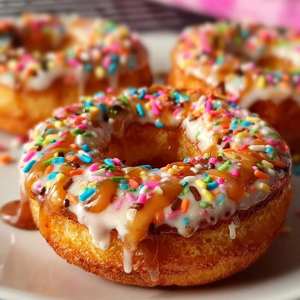 Fluffy baked funfetti donuts topped with colorful sprinkles