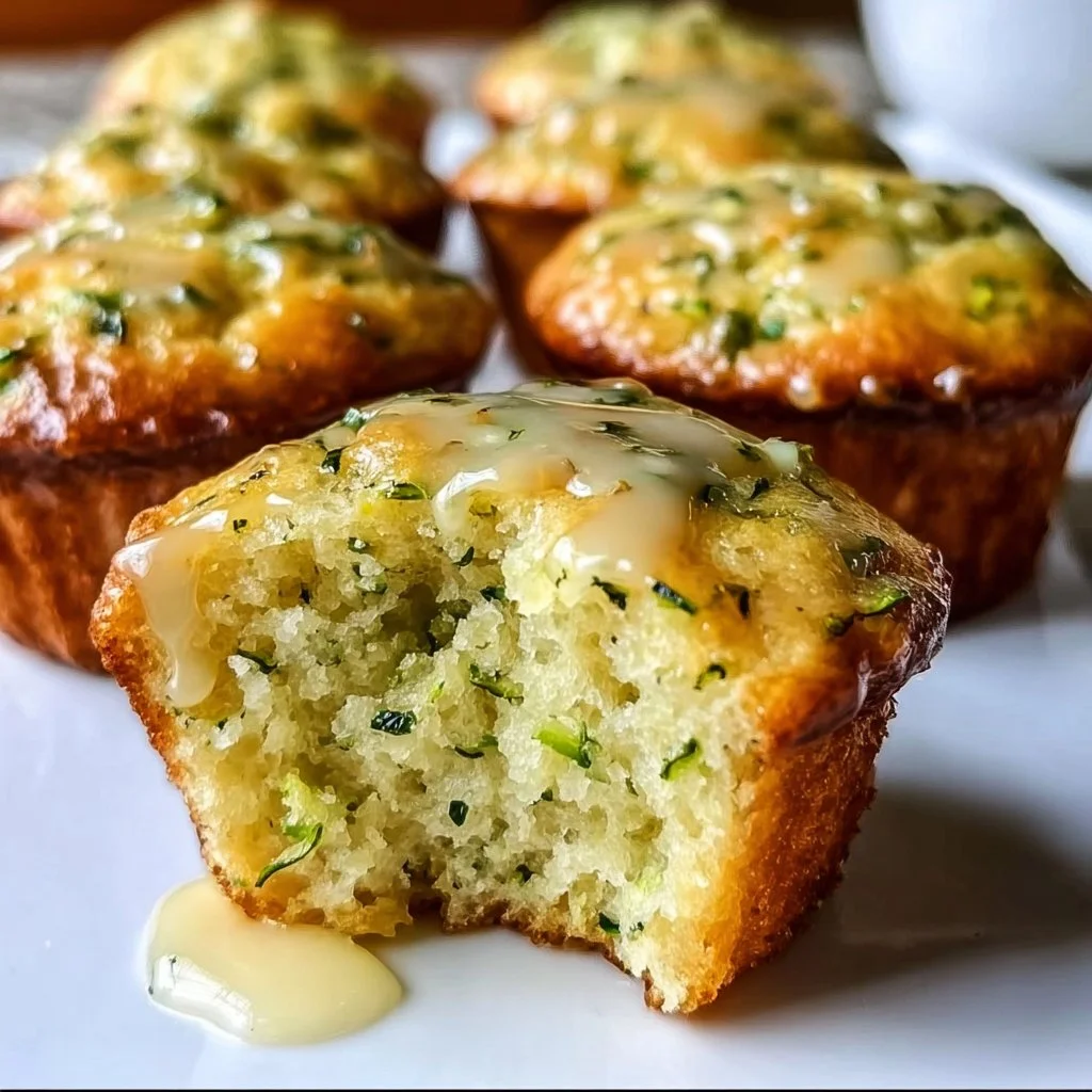 Delicious Lemon Zucchini Muffins on a wooden table.