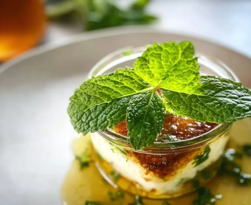 Bottle of homemade mint syrup with fresh mint leaves