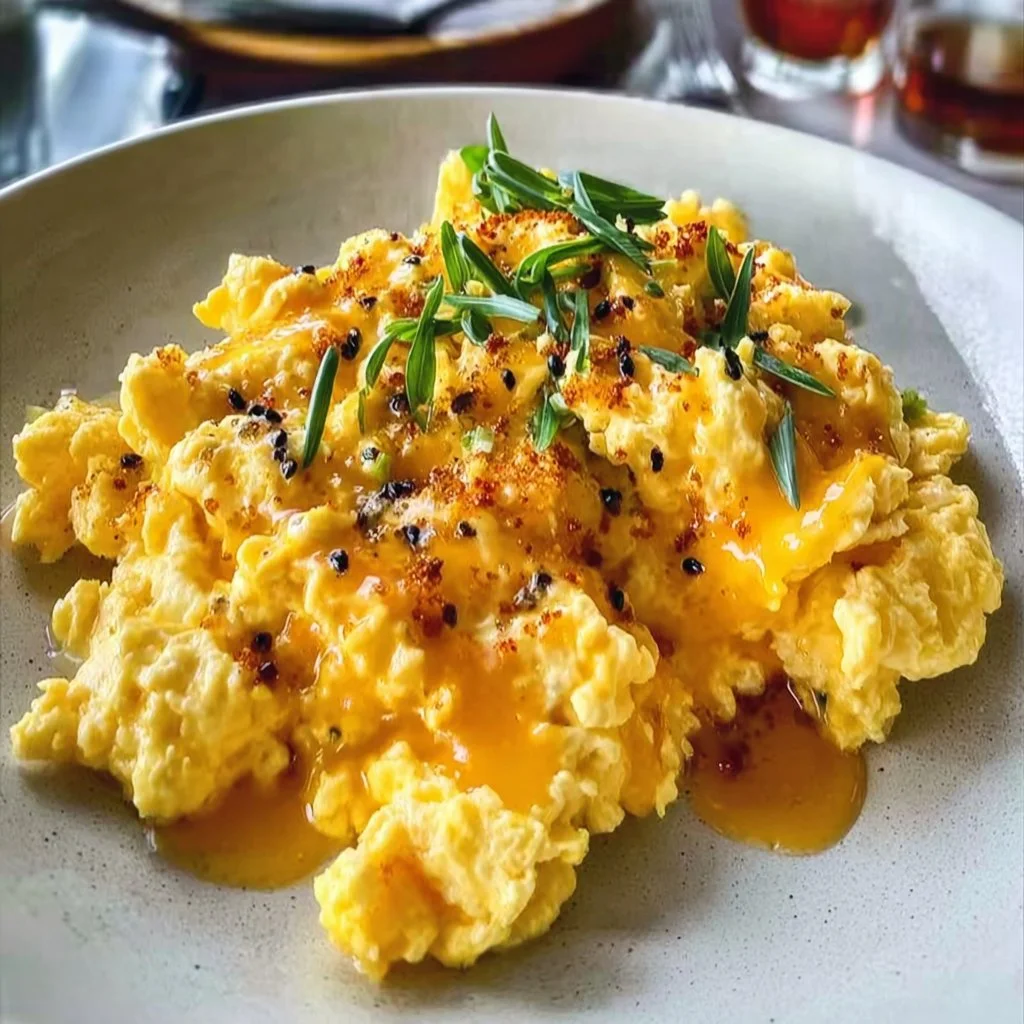 Delicious miso scrambled eggs served on a plate for breakfast.