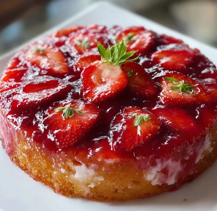 Delicious strawberry upside down cake topped with fresh strawberries