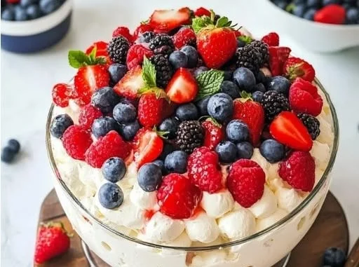 No Bake Cheesecake Salad topped with fresh fruits and whipped cream