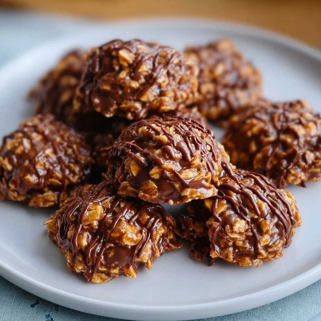 Delicious no bake cookies arranged on a plate topped with chocolate.