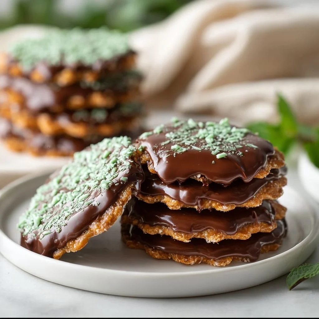 Delicious no-bake mint thins stacked on a plate