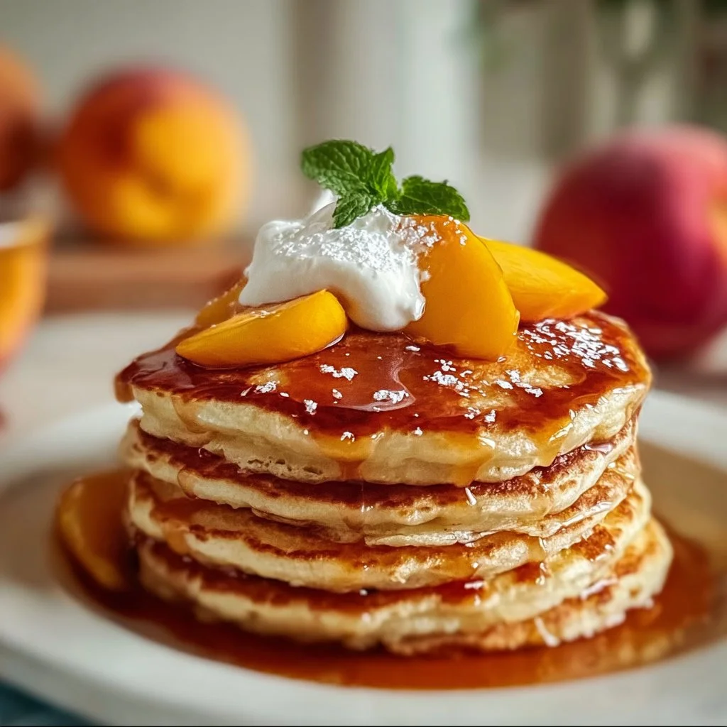 Delicious peach pancakes stacked with fresh peaches and syrup