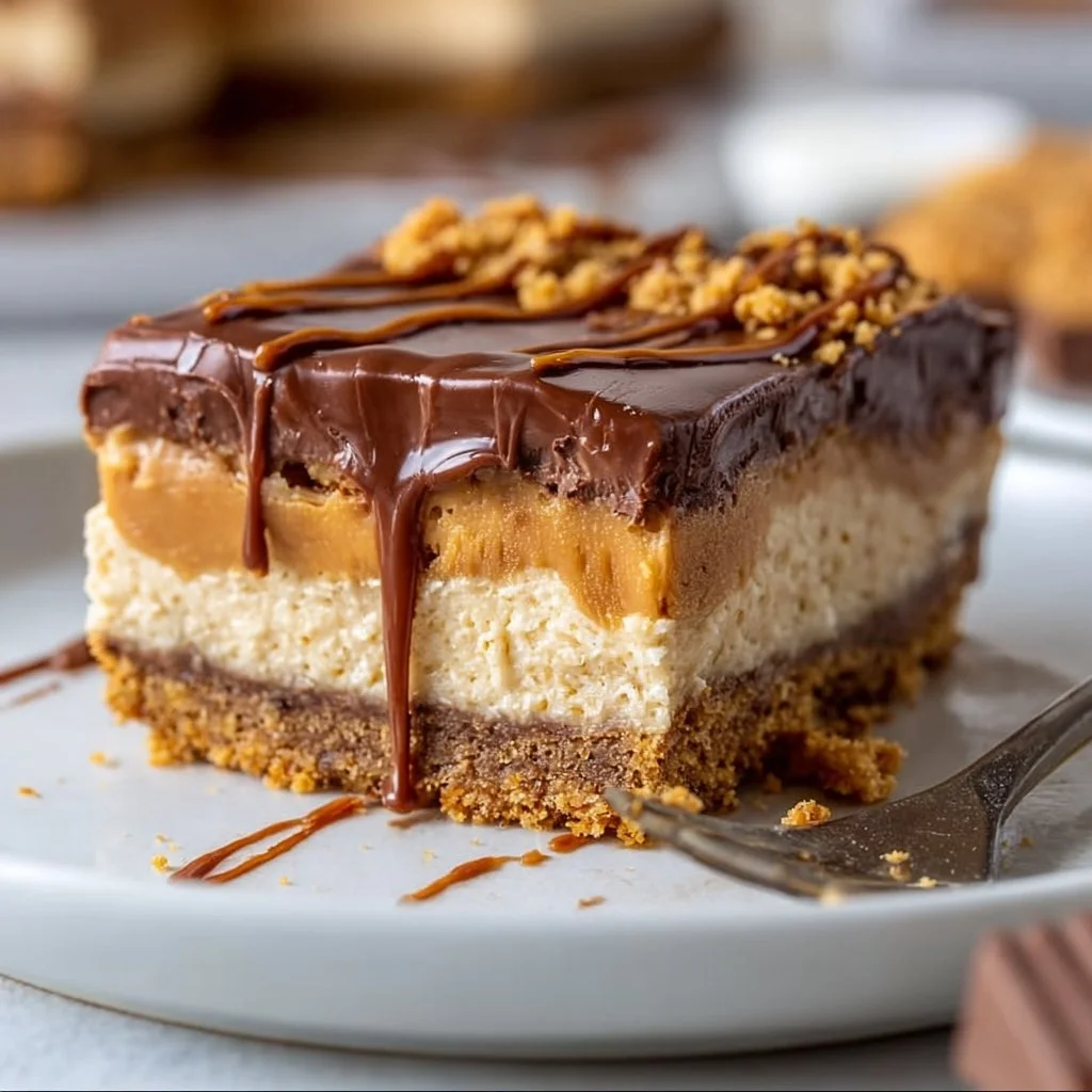 Delicious Peanut Butter Butterfinger Cheesecake Bars served on a plate.