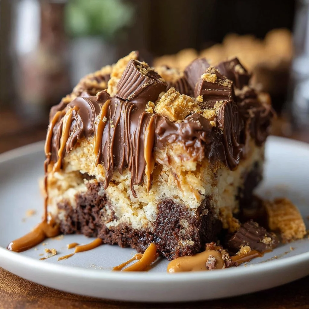 Peanut Butter Chocolate Poke Cake topped with chocolate and peanut butter frosting