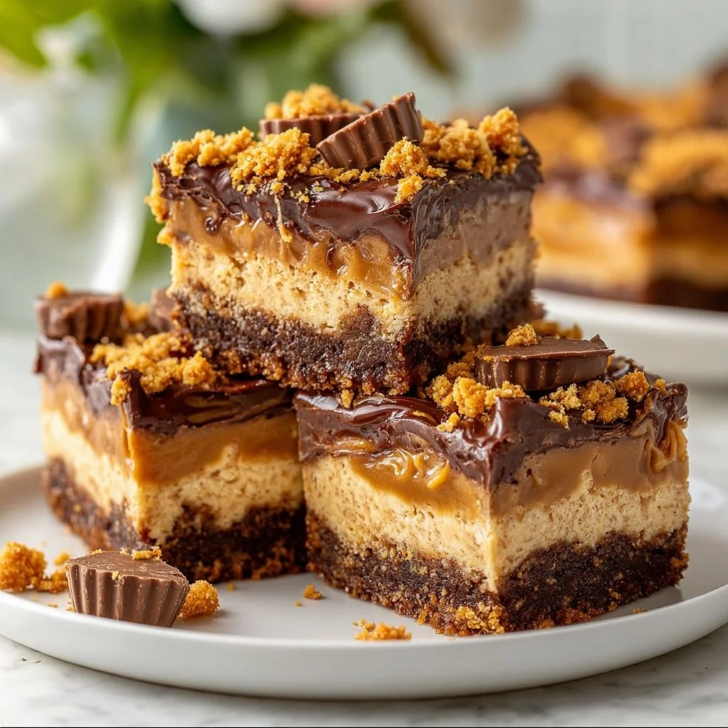 Peanut Butter Cup Butterfinger Cheesecake Bars topped with chocolate and peanuts